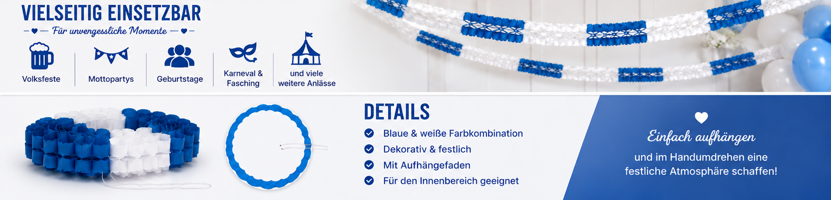 Blau-wei&szlig;e Dekogirlande f&uuml;r Volksfest, Mottoparty, Geburtstag und Karneval
